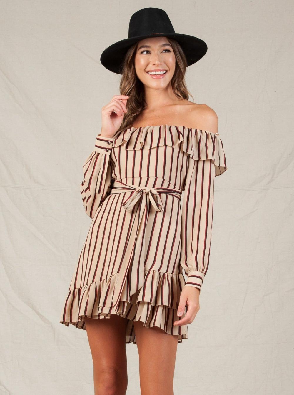 lucca couture SYRACUSE RUFFLE DRESS-TAN AUBURN STRIPE