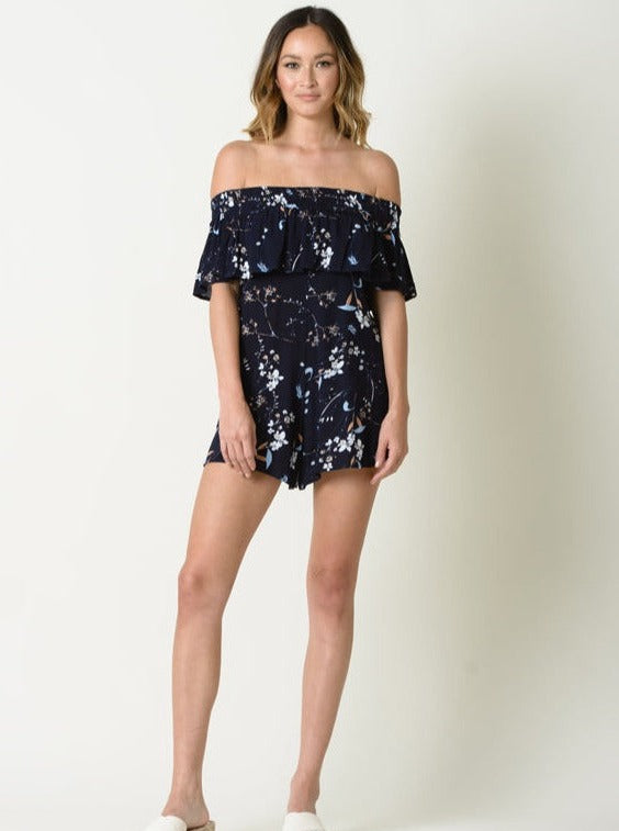 lucca couture TESSA OFF THE SHOULDER ROMPER-NAVY FLORAL