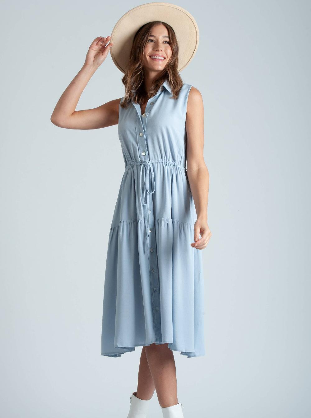 lucca couture THETIS BUTTON FRONT MIDI DRESS-SKY BLUE