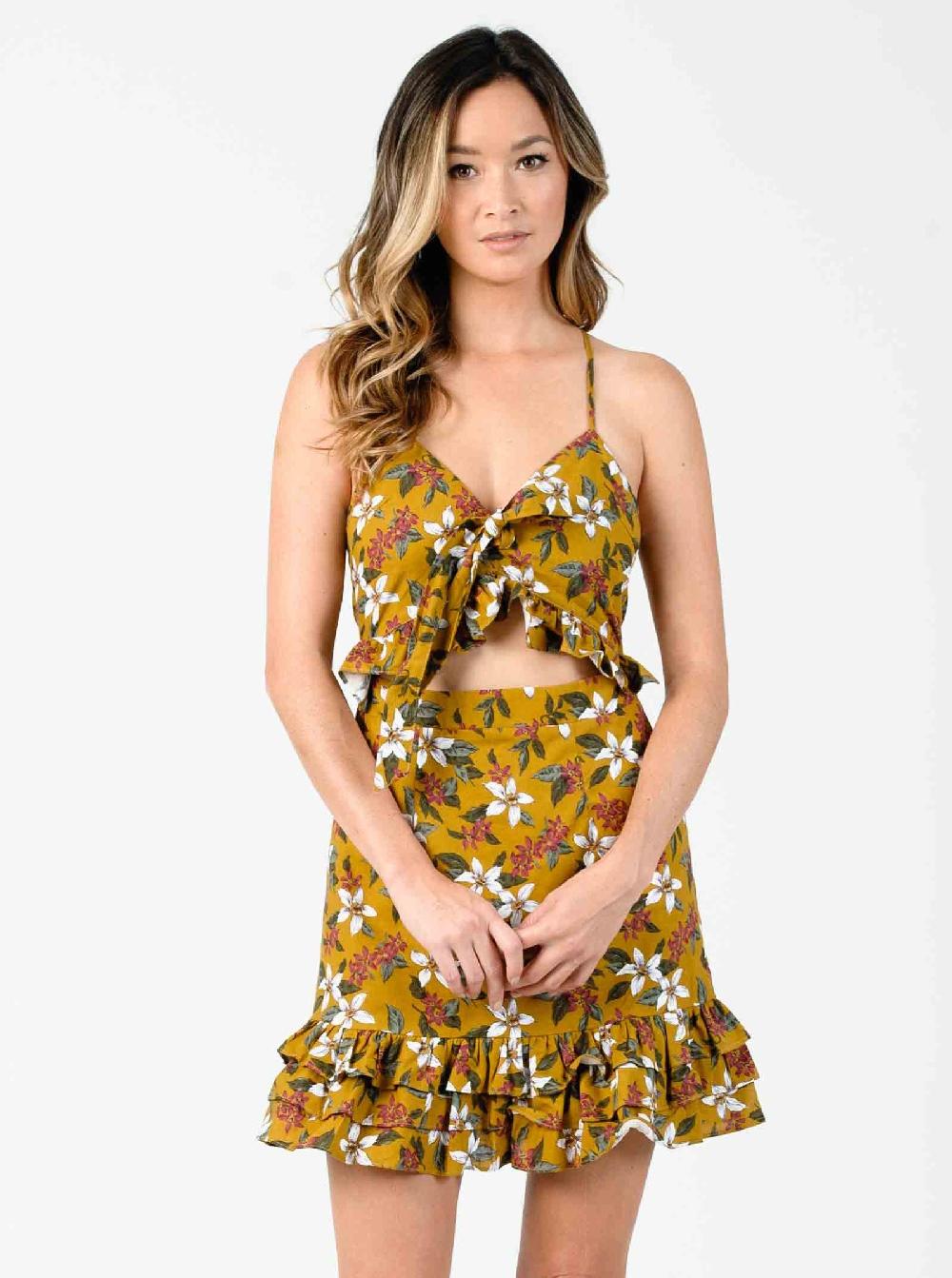 lucca couture VANESSA CROSS-BACK DRESS-MUSTARD FLORAL