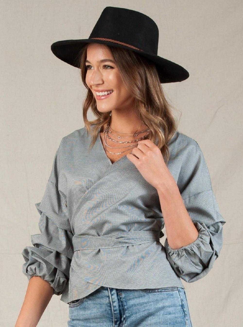 lucca couture VENICE PINTUCK SLEEVE WRAP TOP-HOUNDSTOOTH