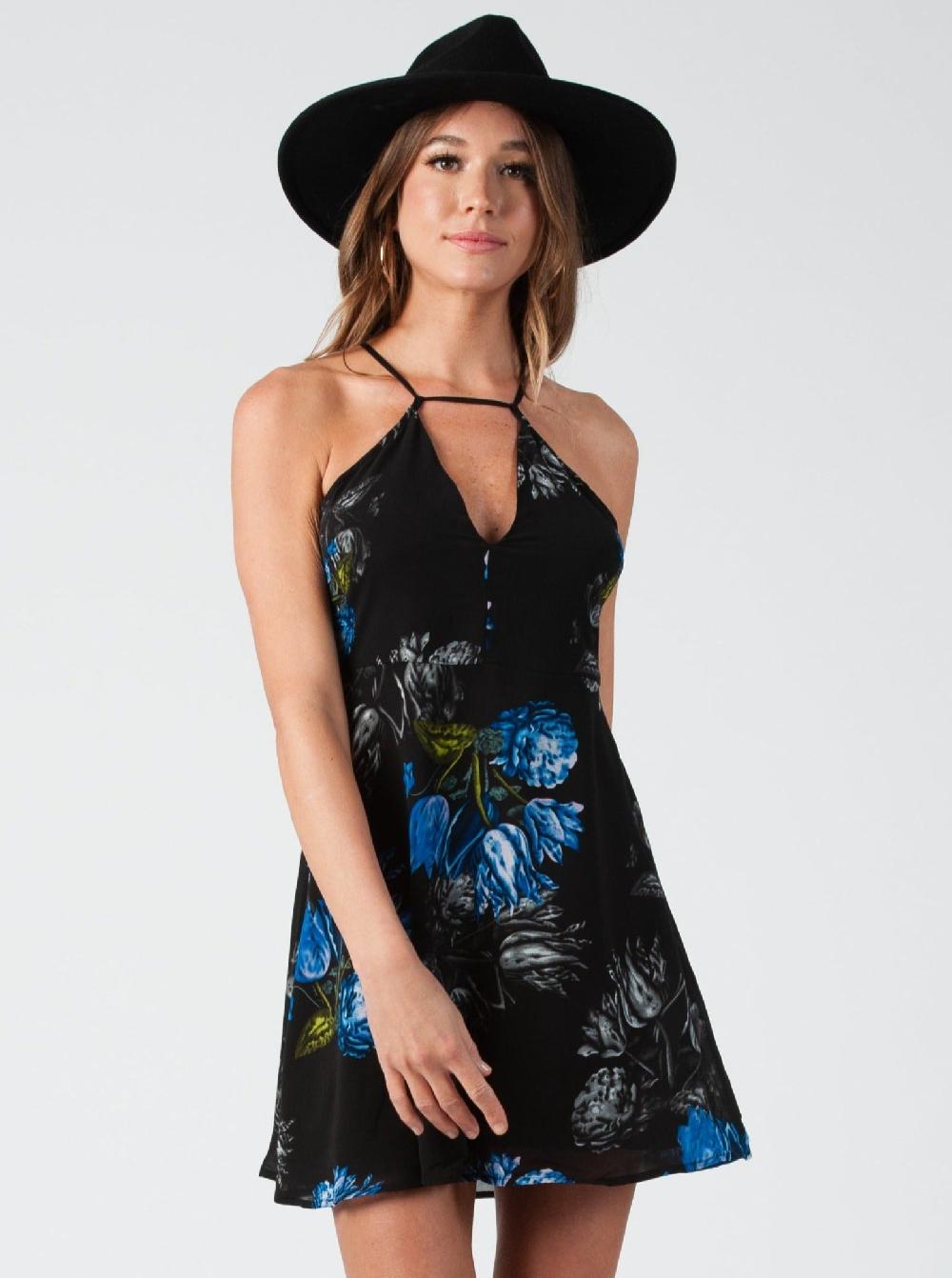 lucca couture VICTORIA MINI DRESS-BLACK COBALT FLORAL