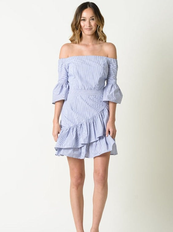 lucca couture VIVIENNE OFF THE SHOULDER DRESS-BLUE STRIPE