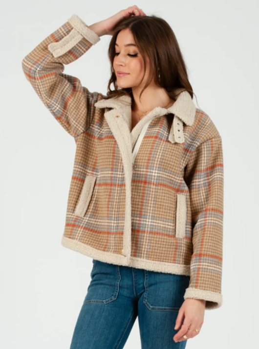 lucca couture WELLSLEY SHERPA LINED MOTO JACKET-BEIGE GLEN CHECK