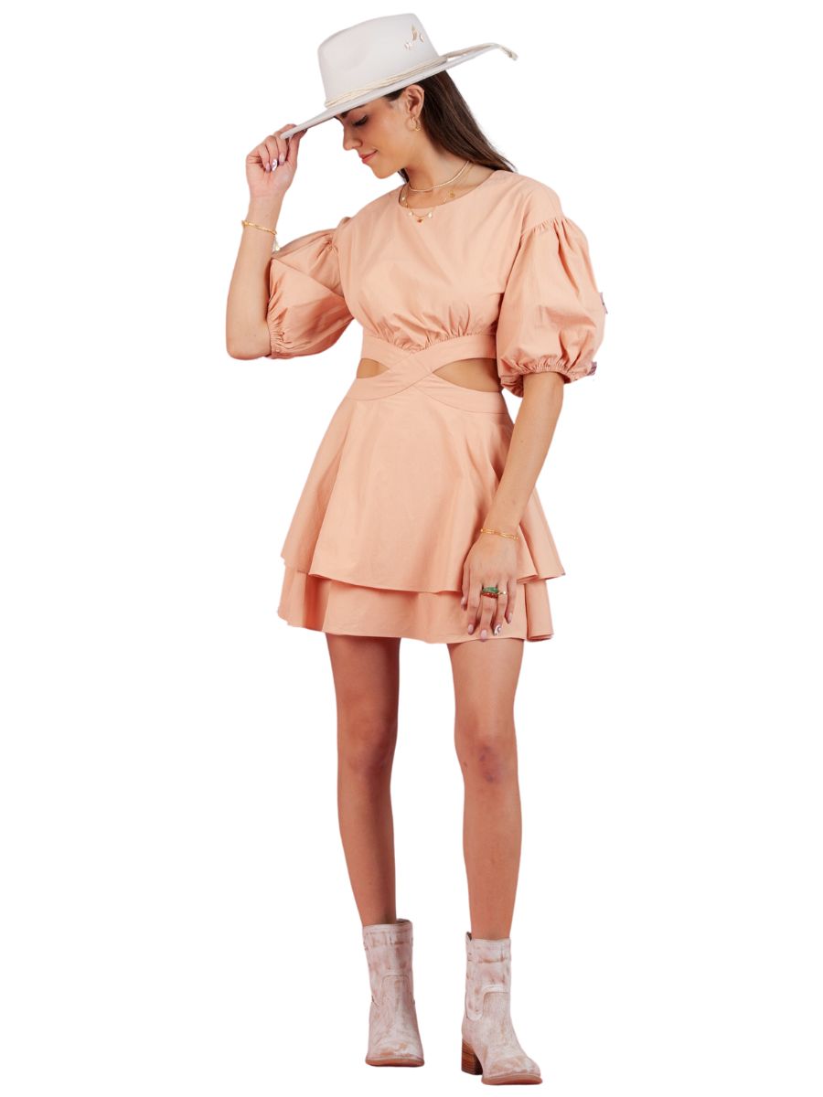 lucca couture WHITNEY PUFF SLEEVE CUTOUT DRESS-D.CORAL