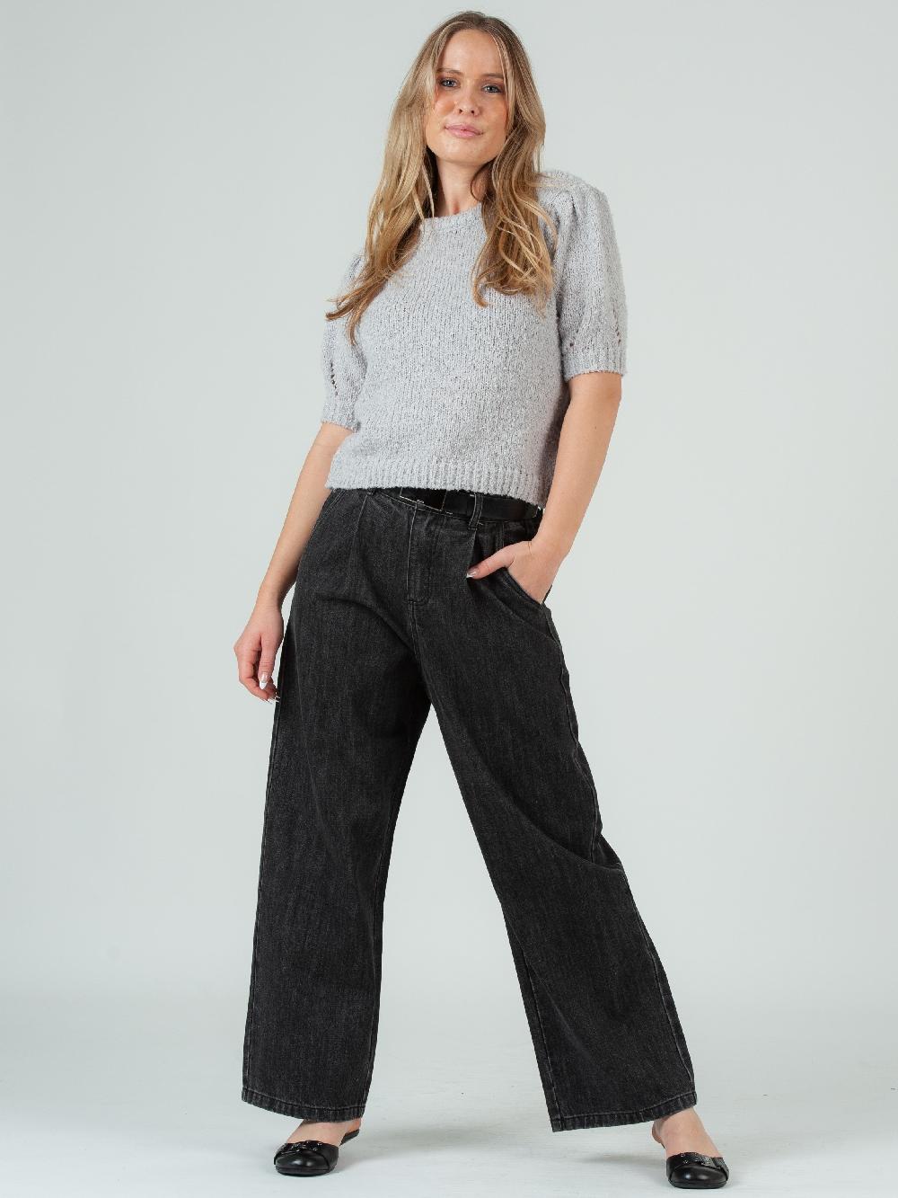 lucca couture Women's Boucle Crew Neck Short Sleeve Sweater in Grey