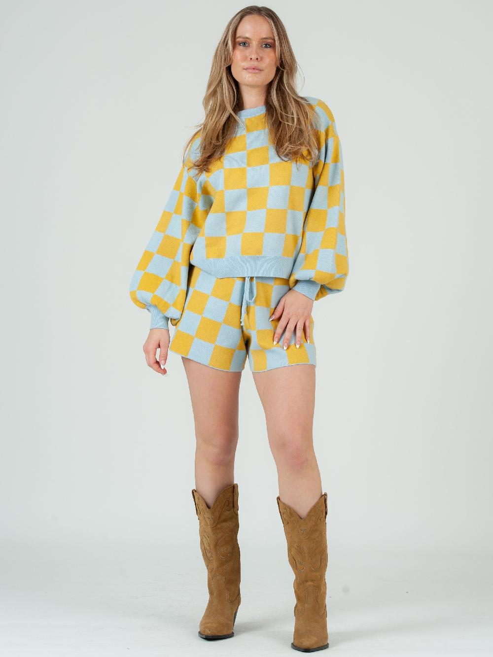 lucca couture Women's Checkered Sweater & Sweater Shorts Set