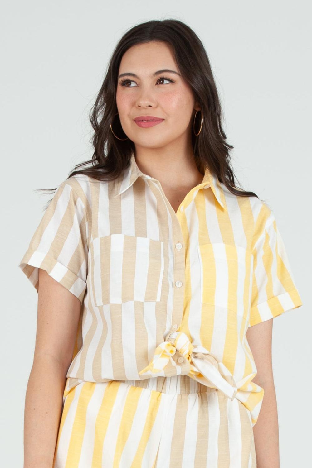 lucca couture Women's Color Blocked Striped Button Down Short Sleeve Top