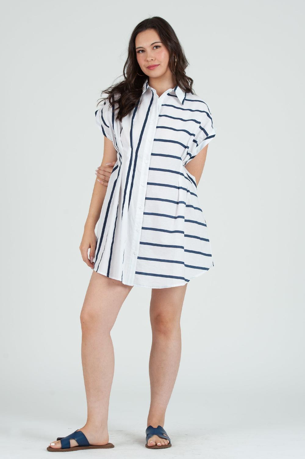 lucca couture Women's Cotton Button Down Shirt Mini Dress in Stripes