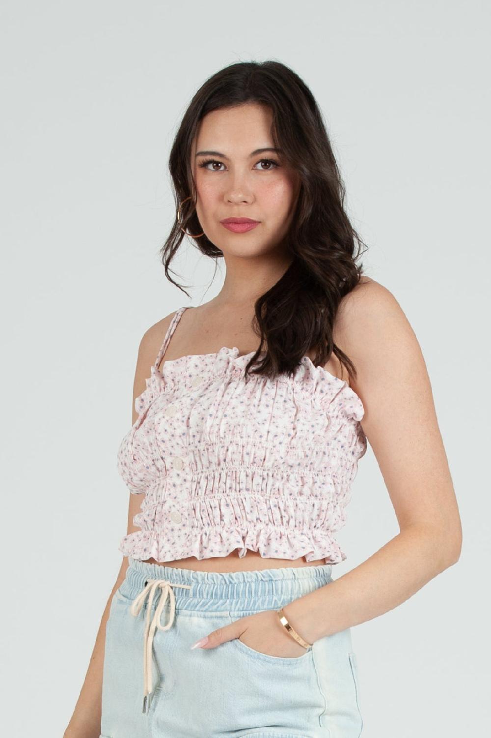 lucca couture Women's Daisy Printed Smocked Cami Top