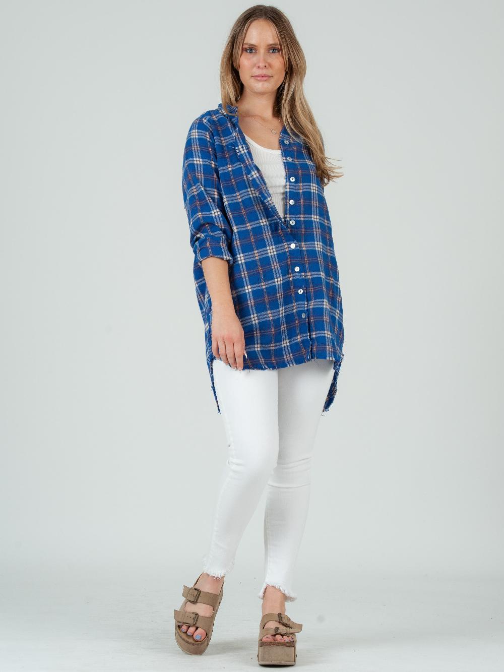 lucca couture Women’s Flannel Plaid Tunic-Blue Plaid