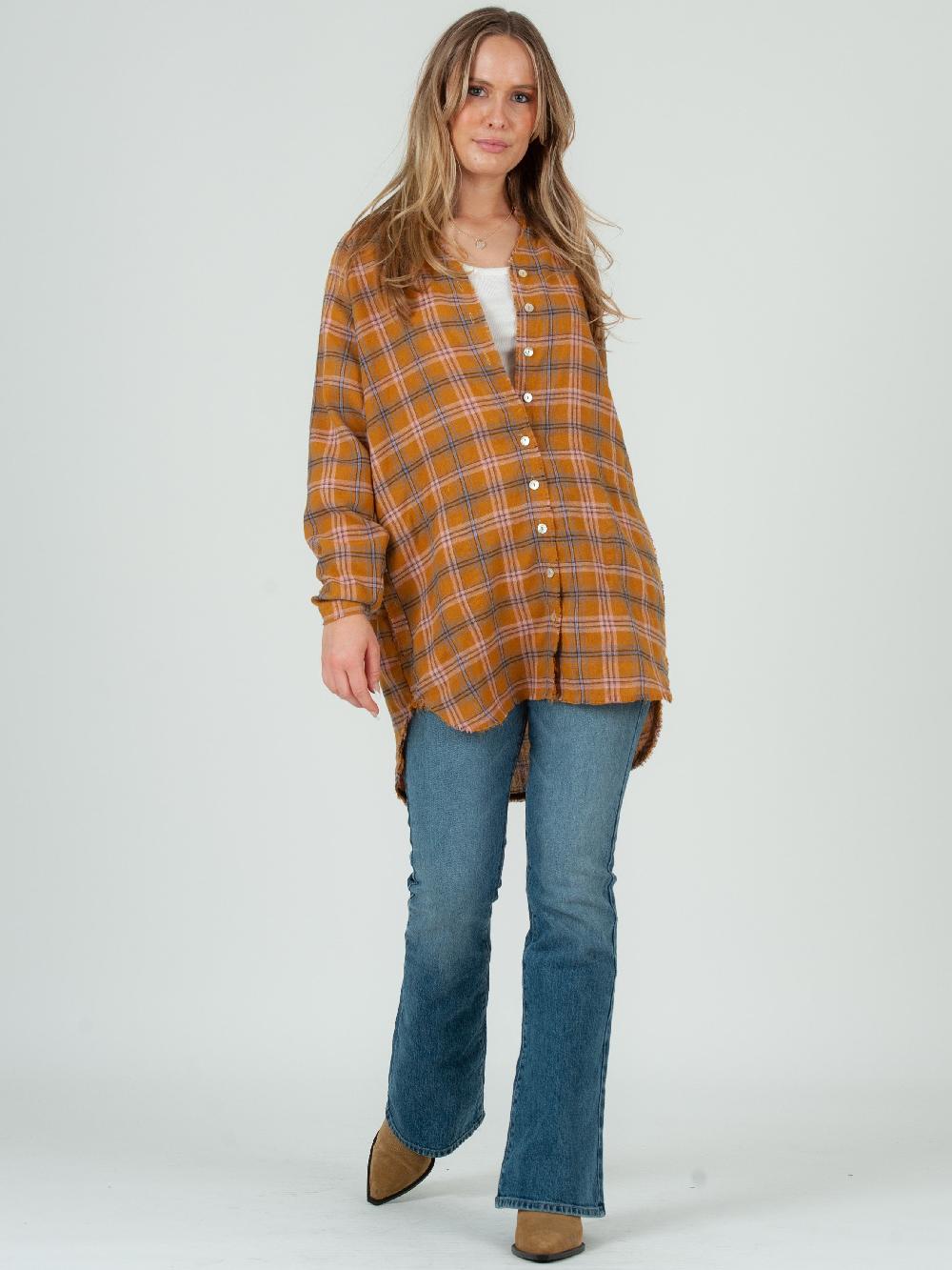 lucca couture Women’s Flannel Plaid Tunic-Mustard Plaid