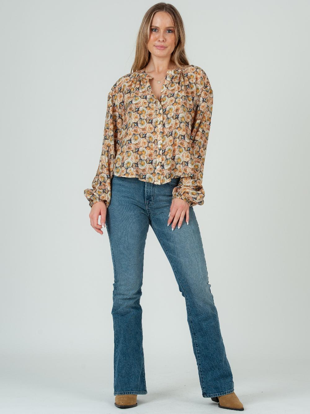 lucca couture Women's Floral Print Notch Collar Button Up Blouse-Chartreuse