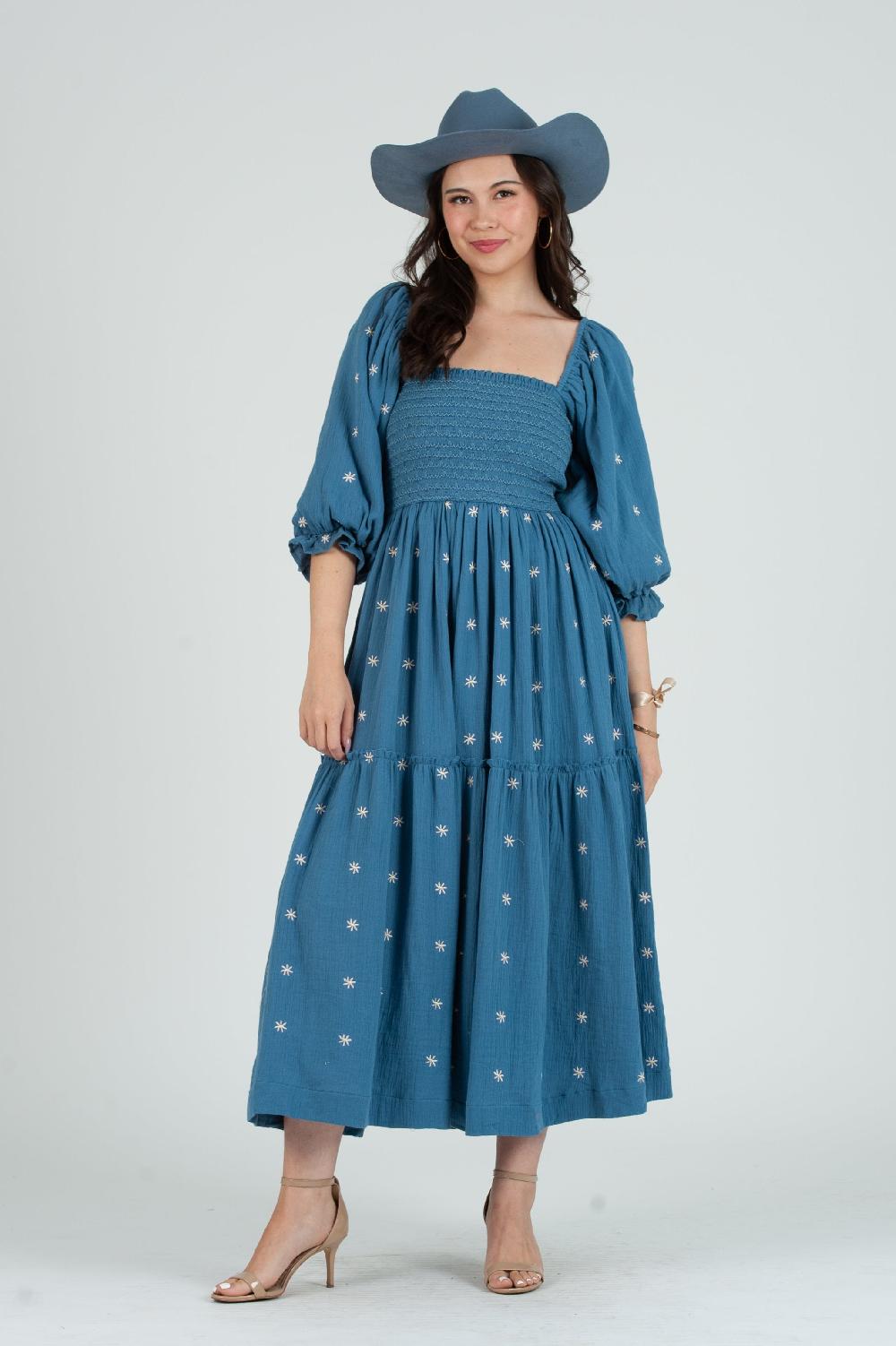 lucca couture Women's Gauze Smocked Maxi Embroidered Dress