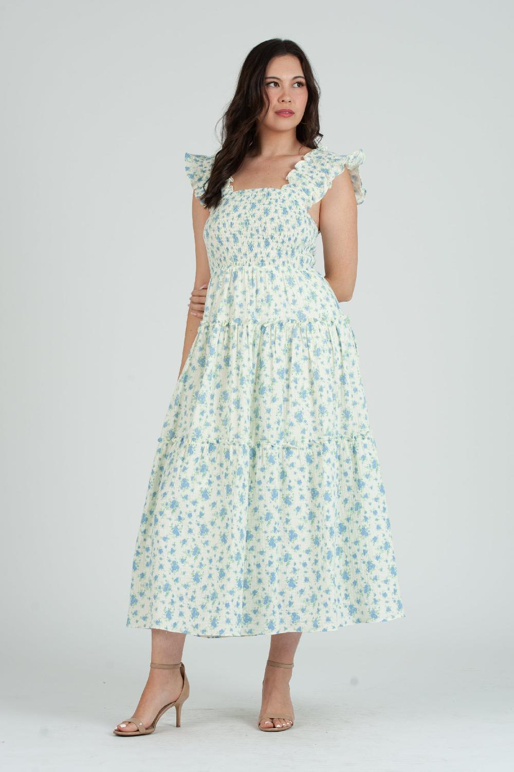 lucca couture Women's Gauze Smocked Ruffle Strap Ditzy Floral Midi Dress