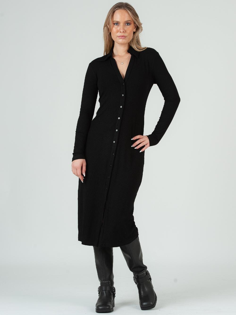 lucca couture Women's Knit Ribbed Collar Button Down Midi Dress