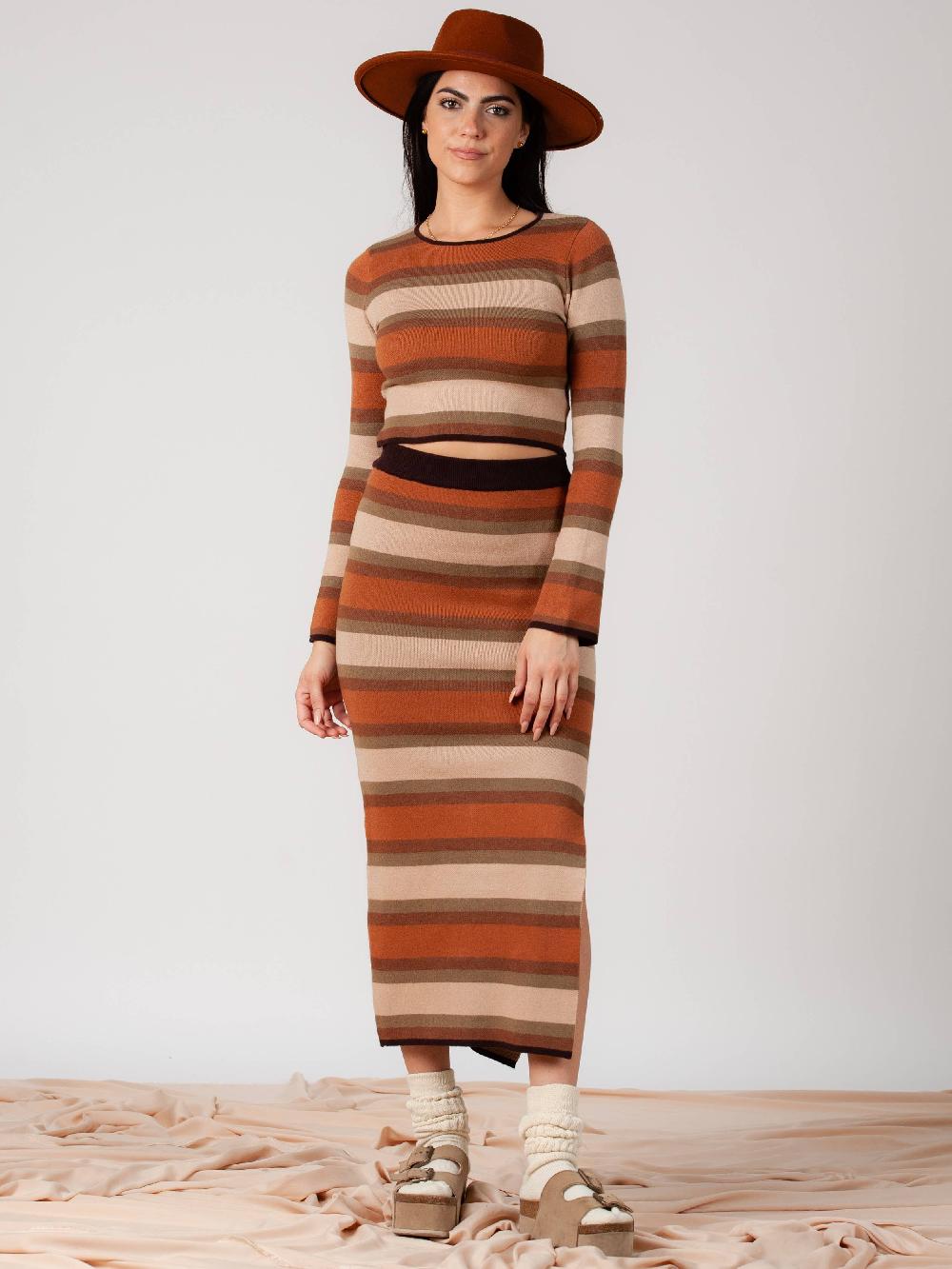 lucca couture Women’s Knit Striped Top & Midi Skirt Set