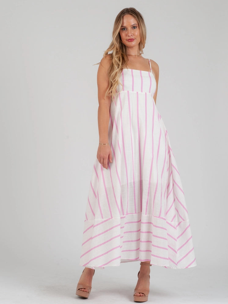 lucca couture Women's Linen Pink Striped Maxi Strap Dress