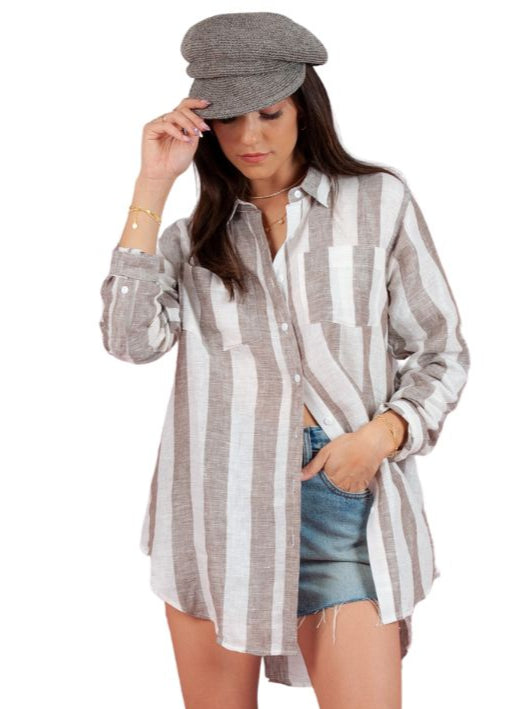 lucca couture Women's Linen Striped Button Down Shirt