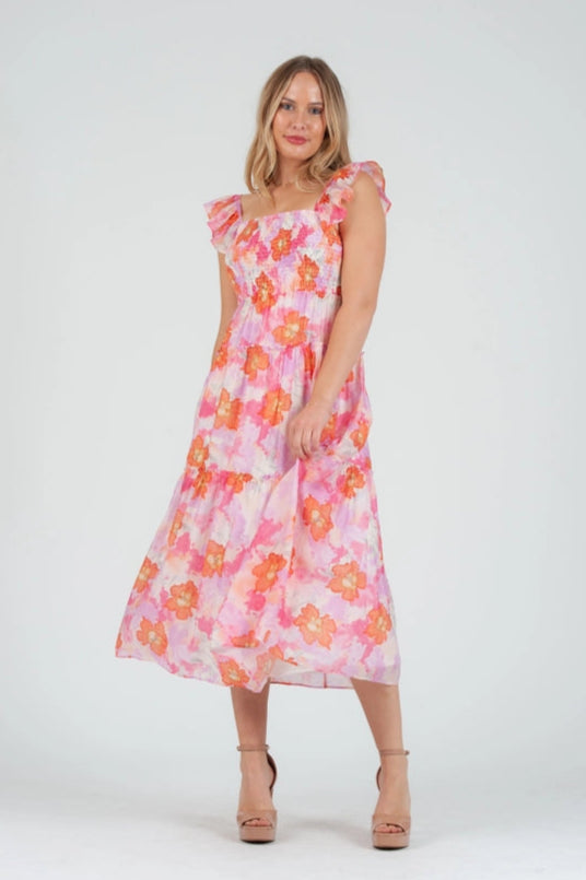 lucca couture Women's Pink floral Print Smocked Midi Dress