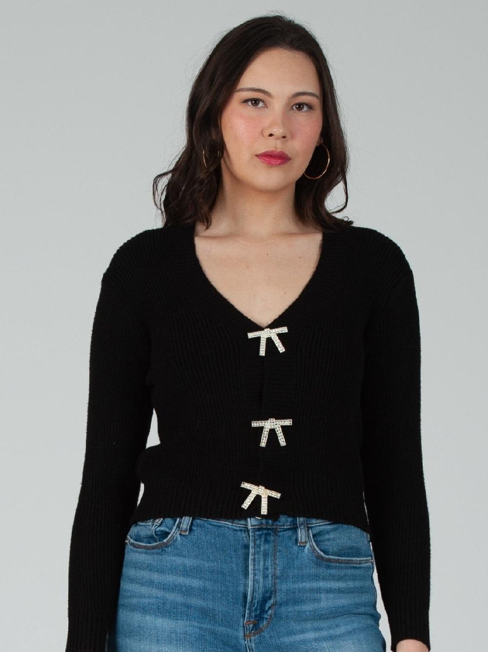 lucca couture Women's Rhinestone Bow Button Cardigan