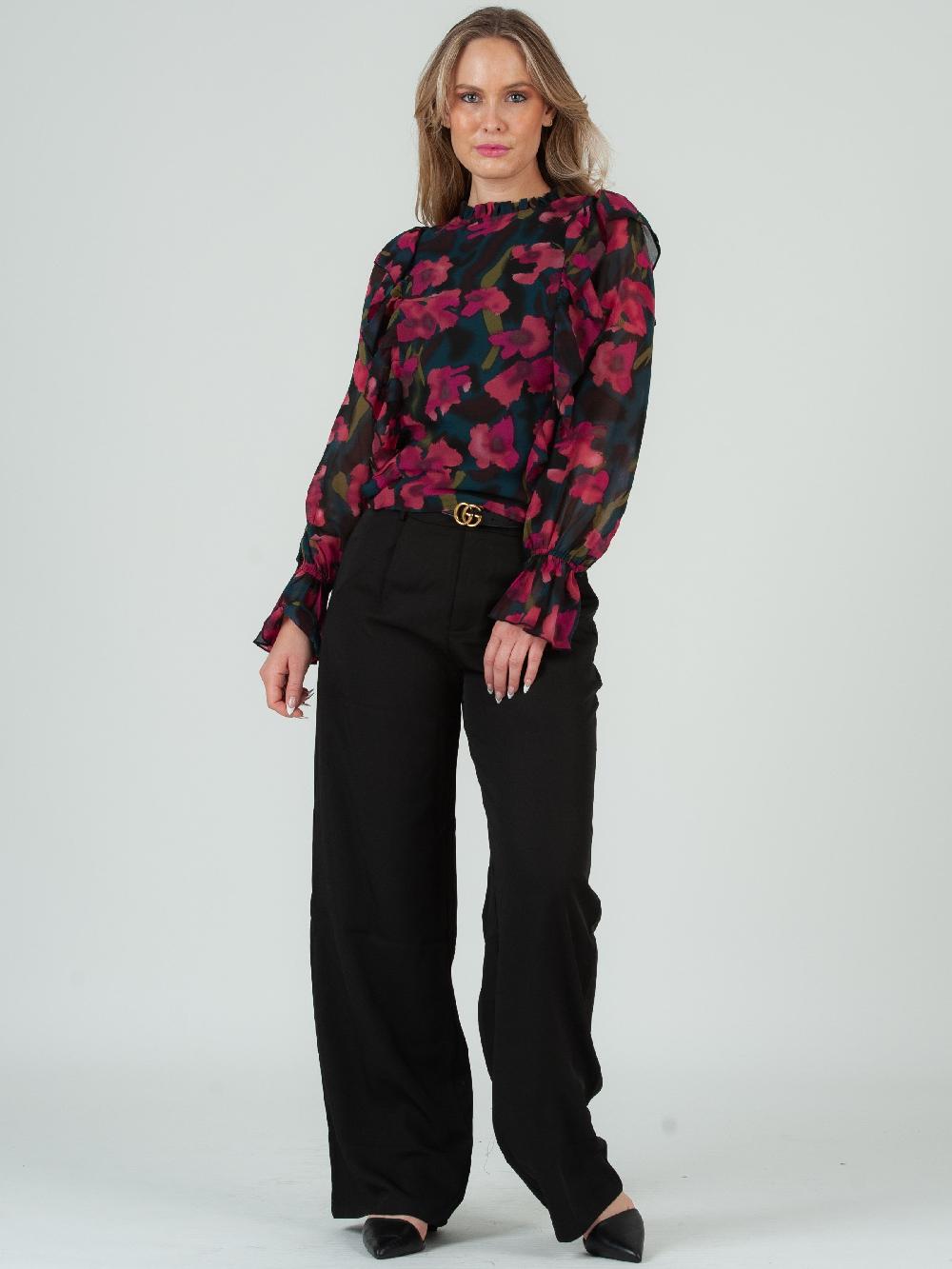 lucca couture Women's Ruffle Front Long Sleeve Floral Blouse Fuschia