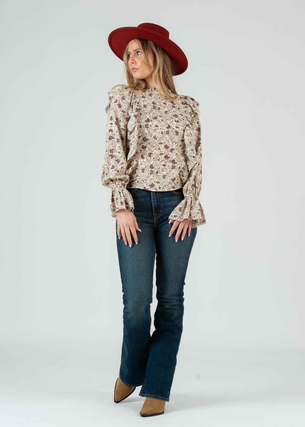 lucca couture Women's Ruffle Front Long Sleeve Floral Blouse Ivory