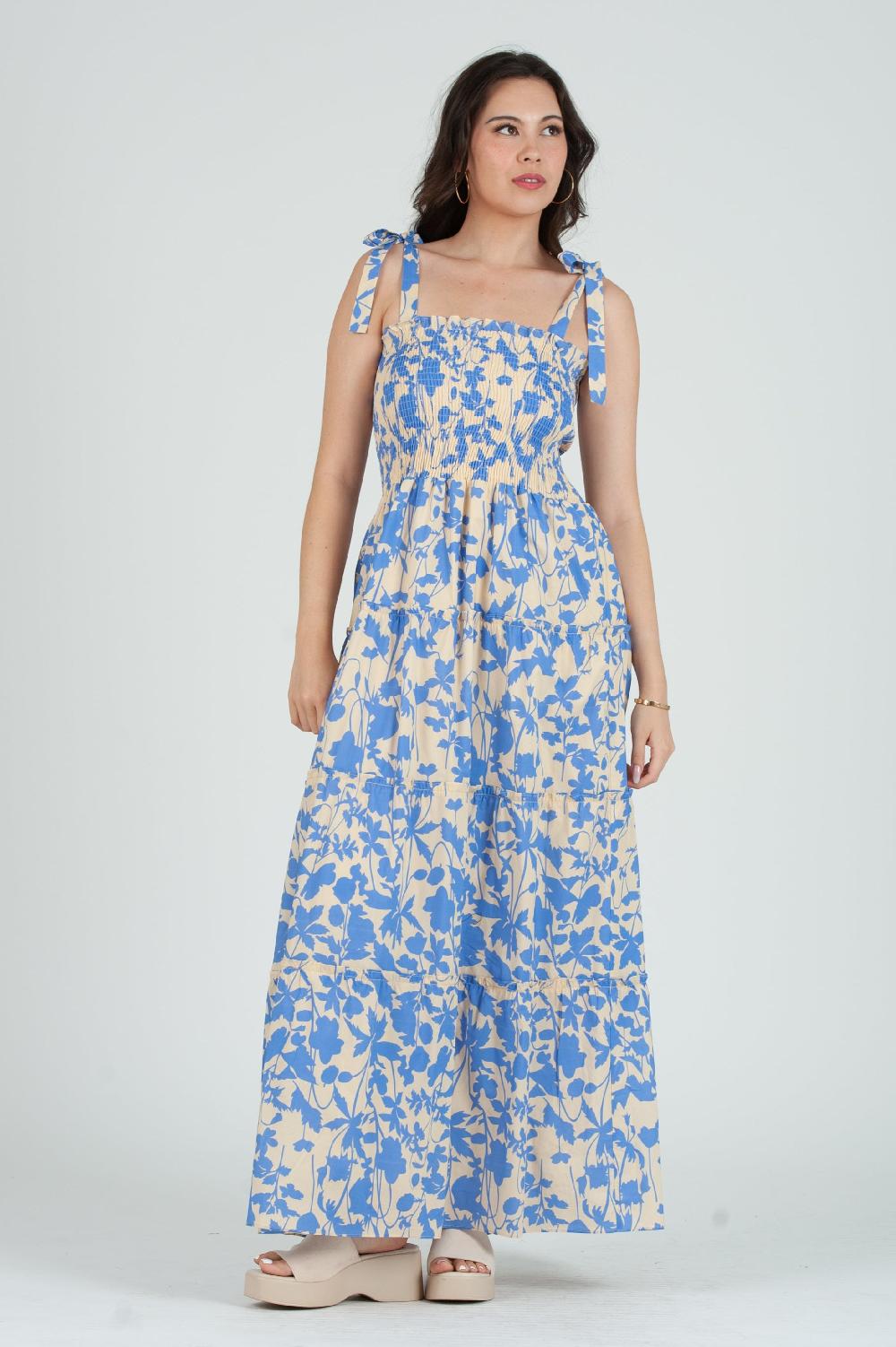 lucca couture Women's Smocked Tiered Maxi Dress with Bow Tie Straps