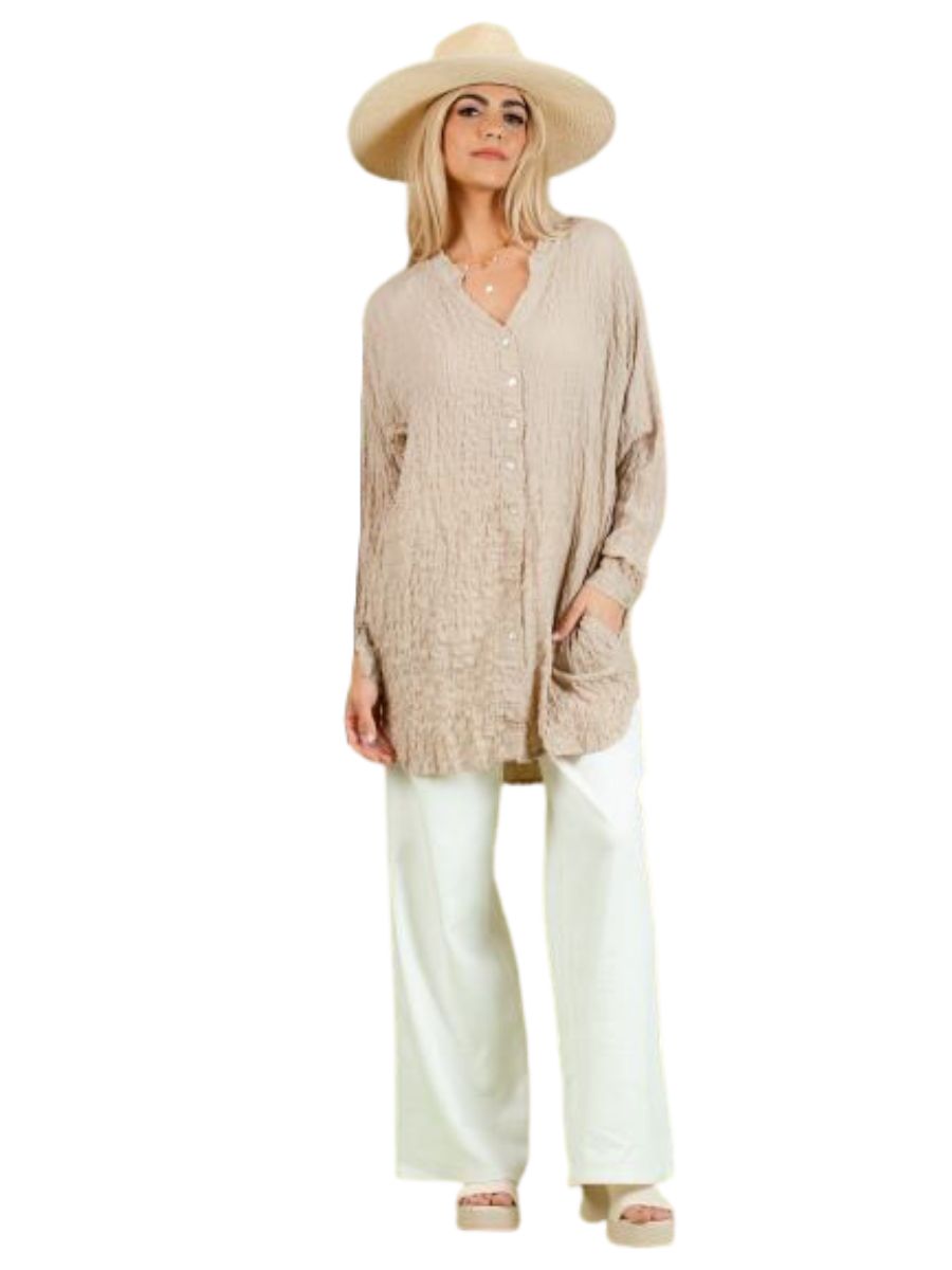 lucca couture Women's Solid Crinkled Button Down Tunic Top in Beige