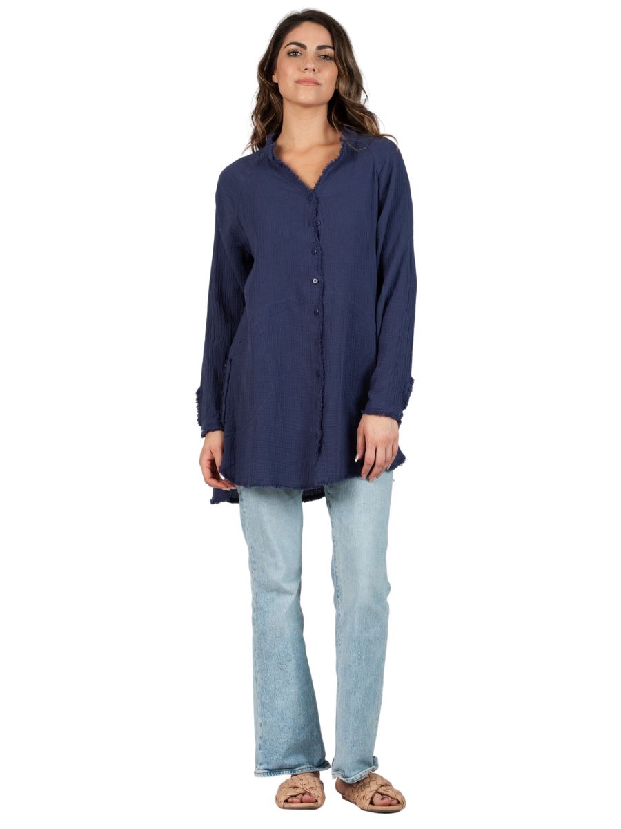 lucca couture Women's Solid Double Gauze Button Down Tunic Top in Navy