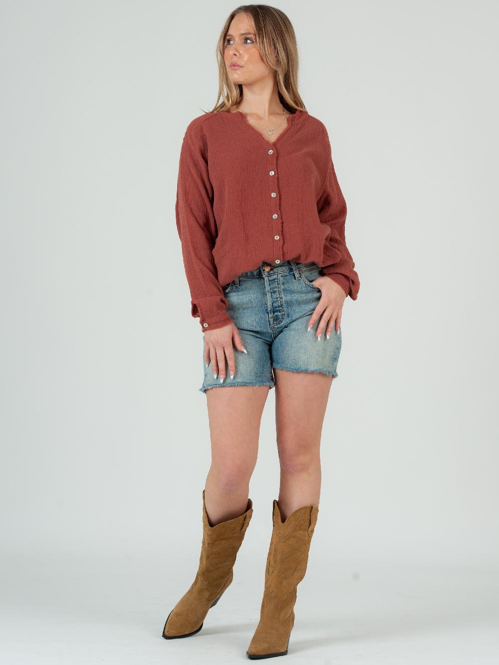 lucca couture Women's Solid Double Gauze Button Down Tunic Top in Spice