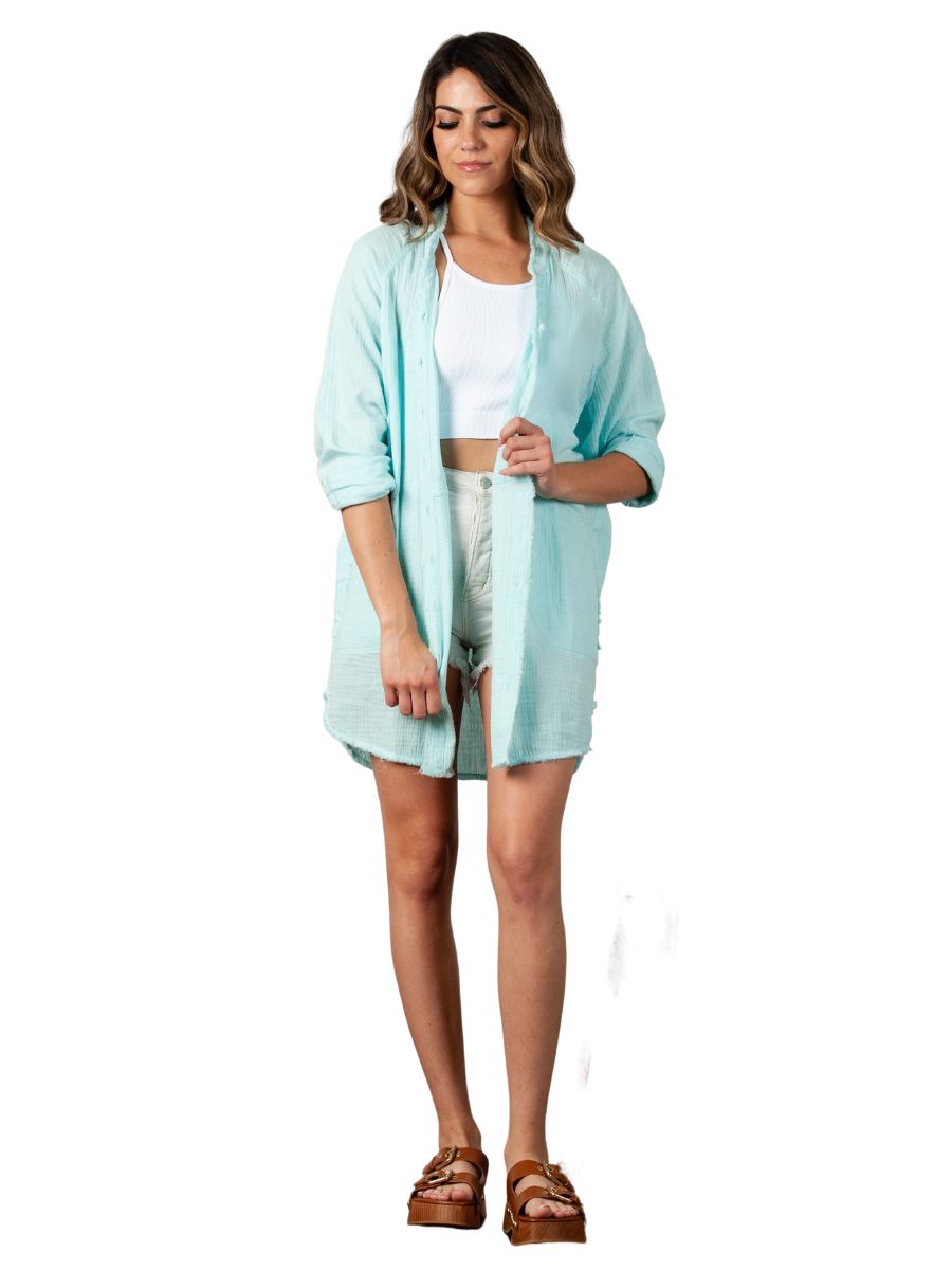 lucca couture Women's Solid Double Gauze Button Down Tunic Top in Mint