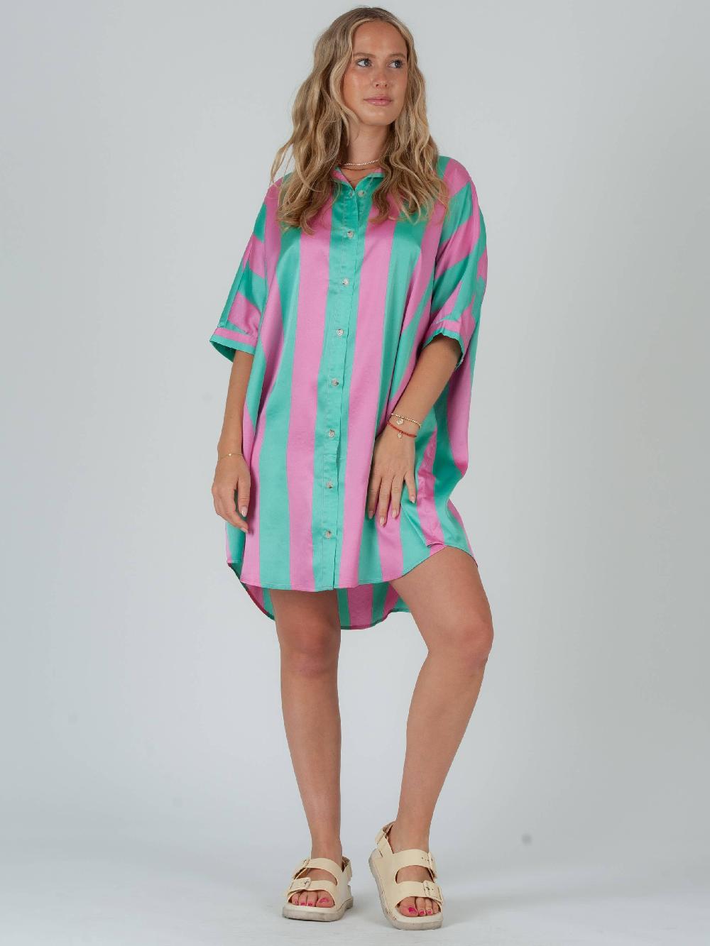 lucca couture Women's Wide Striped Satin Button Down Shirt Dress