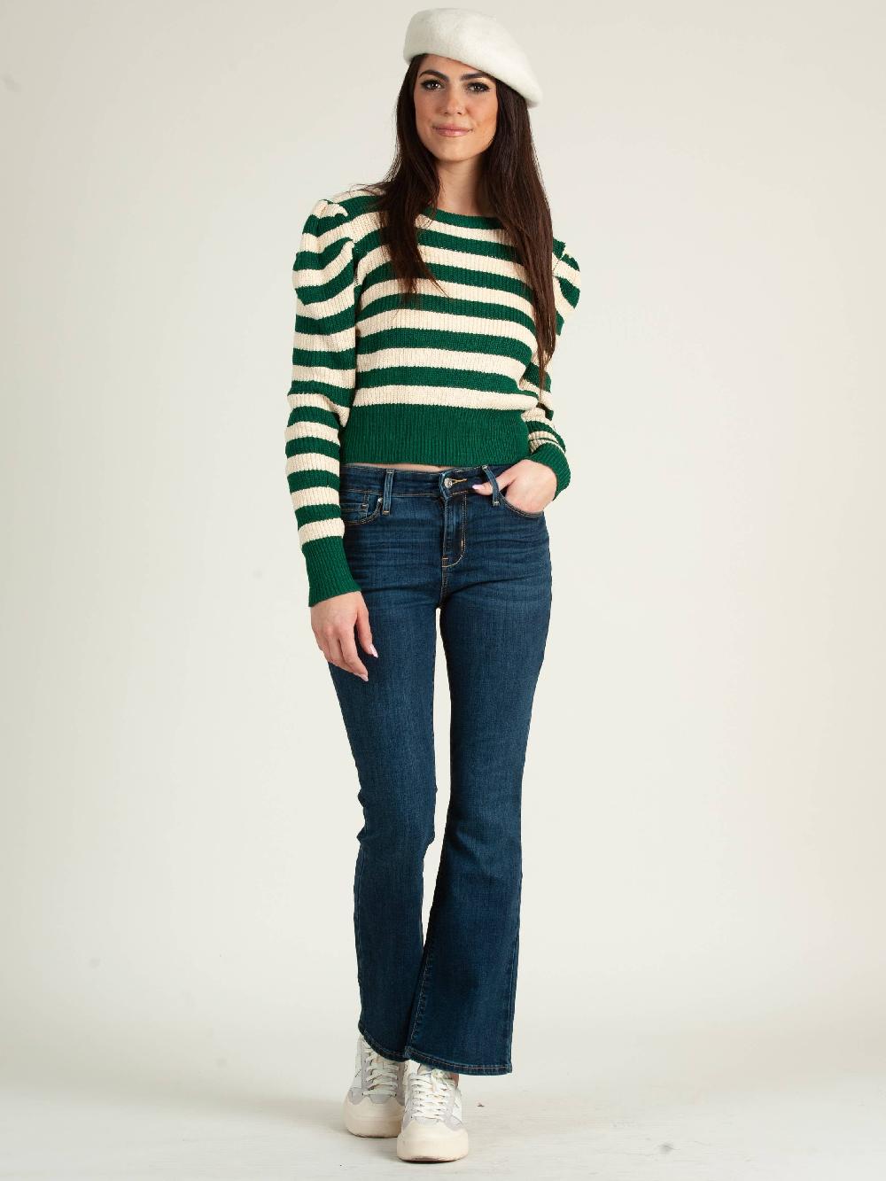 lucca couture YARA PUFF SHOULDER SWEATER TOP-GREEN STRIPE