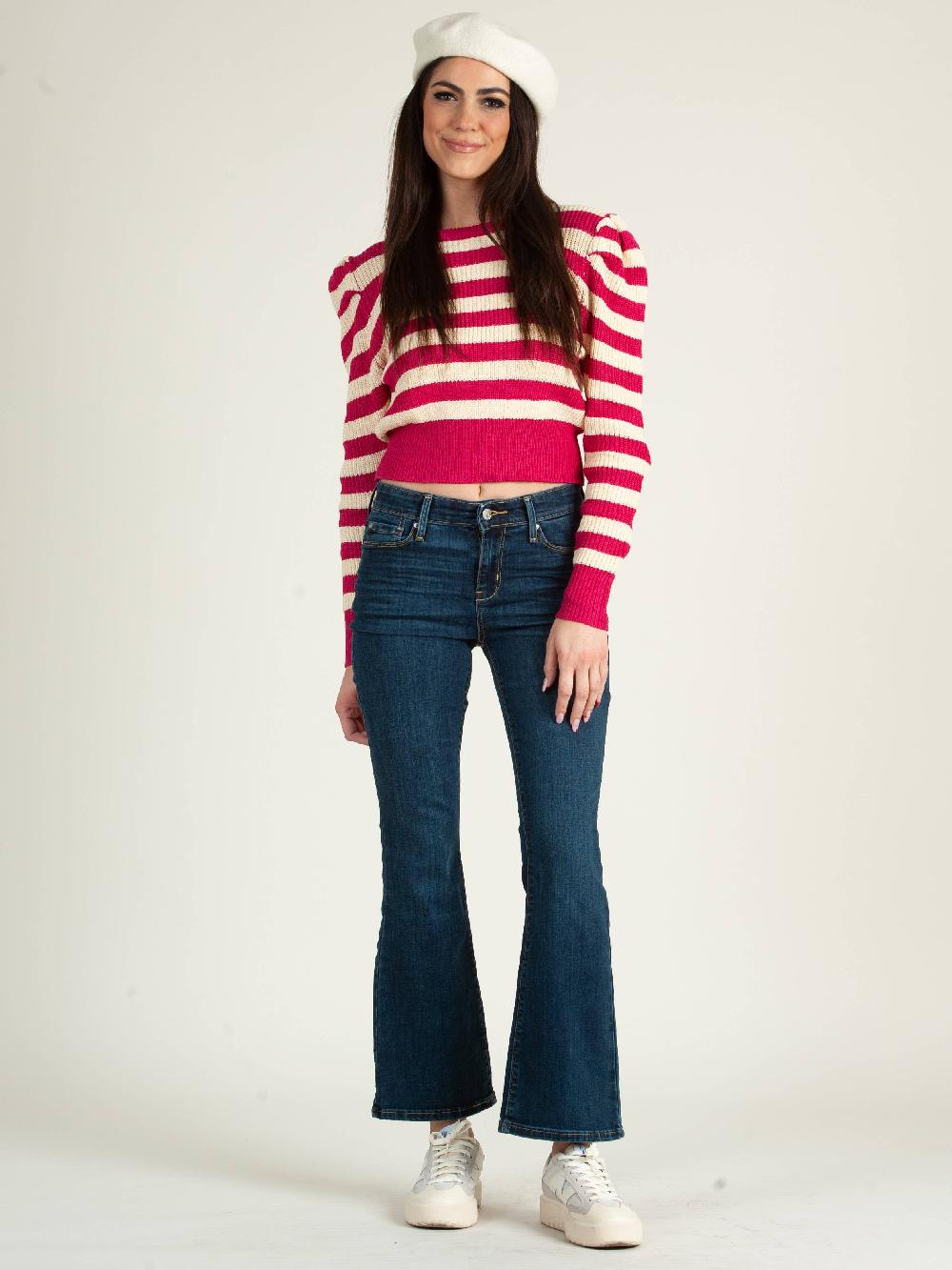 lucca couture YARA PUFF SHOULDER SWEATER TOP-PINK STRIPE