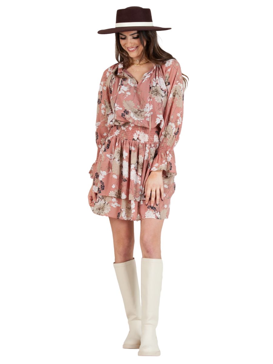 lucca couture YORK SMOCKED WAIST DRESS-MAUVE BEIGE FLORAL