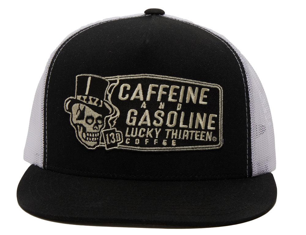 lucky 13 CAFFEINE AND GASOLINE poplin/mesh snapback trucker cap with patch Blk/ Wht – Lucky13apparel lucky 13 CAFFEINE AND GASOLINE poplin/mesh snapback trucker cap with patch Blk/ Wht – Lucky13apparel