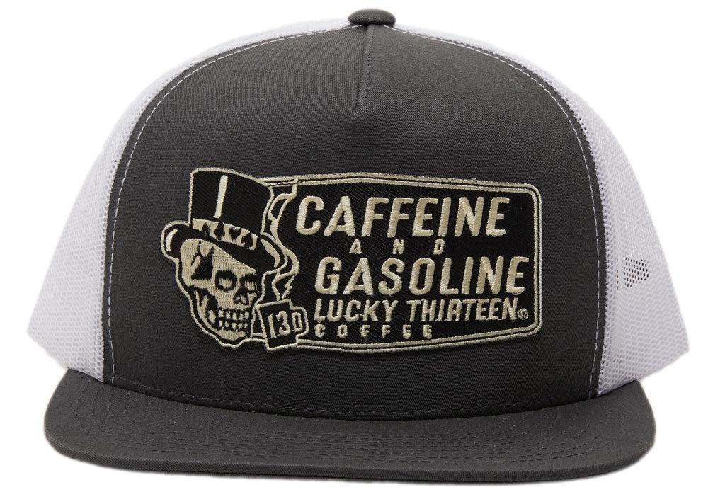 lucky 13 CAFFEINE AND GASOLINE poplin/mesh snapback trucker cap with patch CHARCOAL/WHITE – Lucky13apparel lucky 13 CAFFEINE AND GASOLINE poplin/mesh snapback trucker cap with patch CHARCOAL/WHITE – Lucky13apparel
