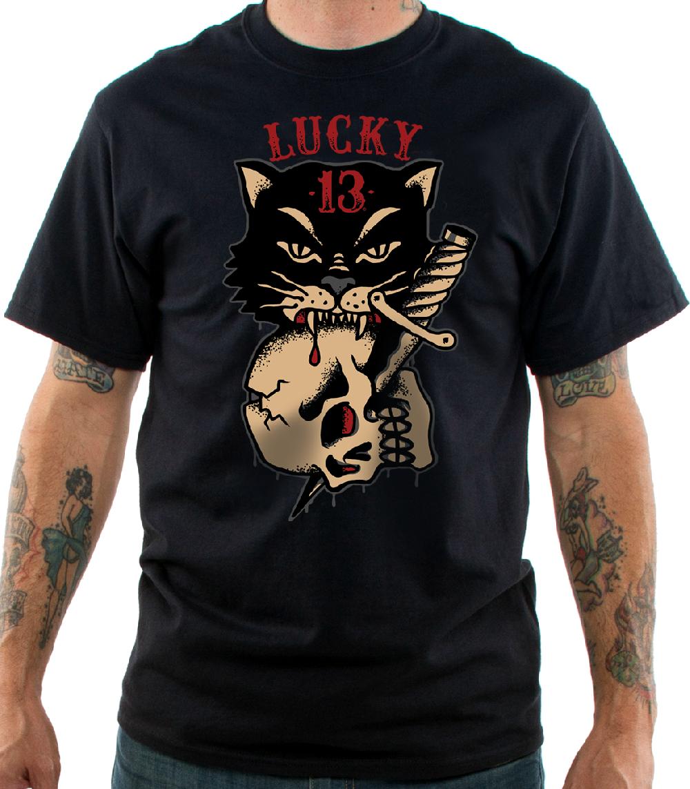 lucky 13 CAT SKULL TEE - classic fit short sleeve t-shirt Black – Lucky13apparel