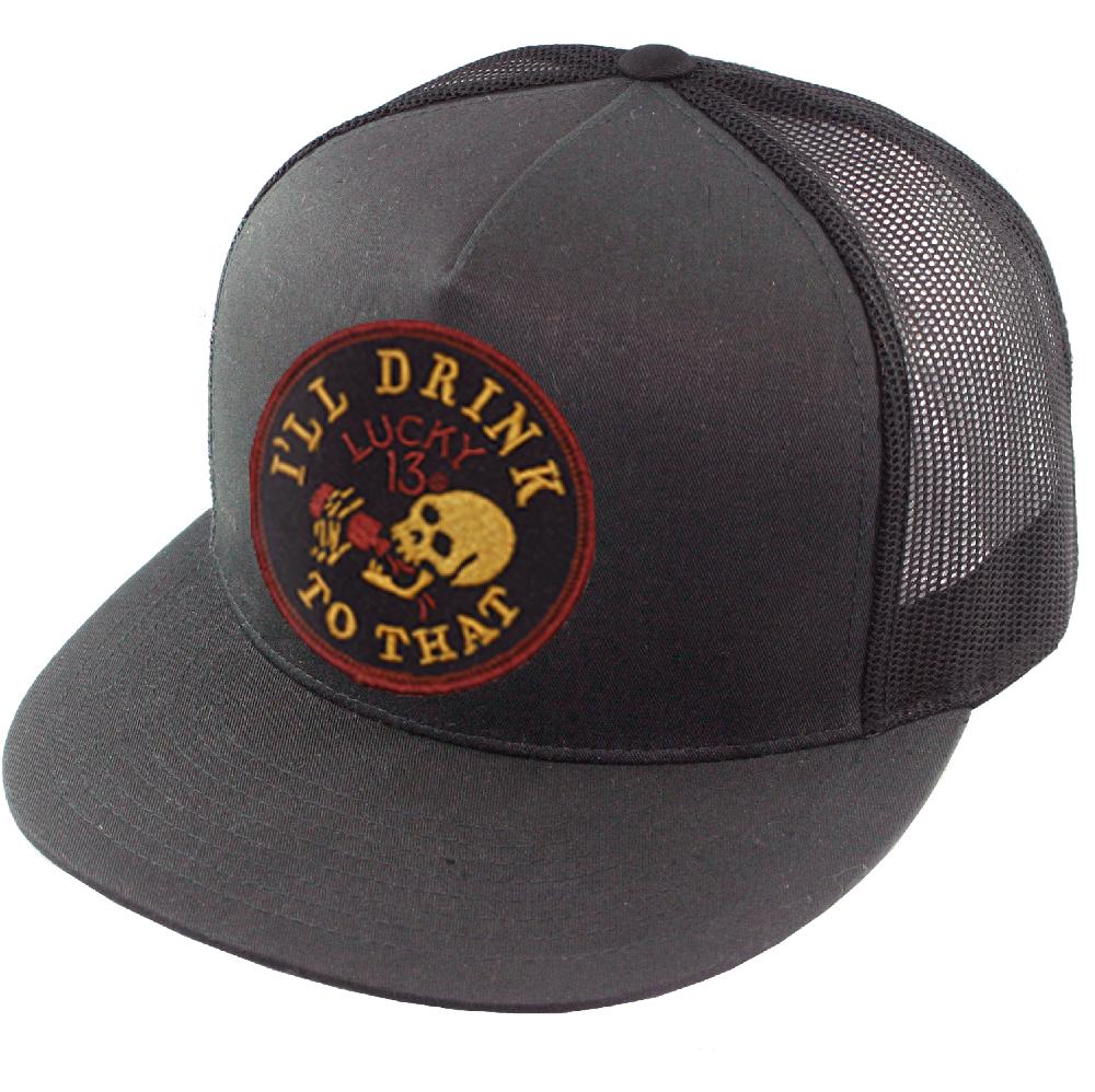 lucky 13 I’LL DRINK TO THAT poplin/mesh snapback trucker cap with patch CHARCOAL – Lucky13apparel
