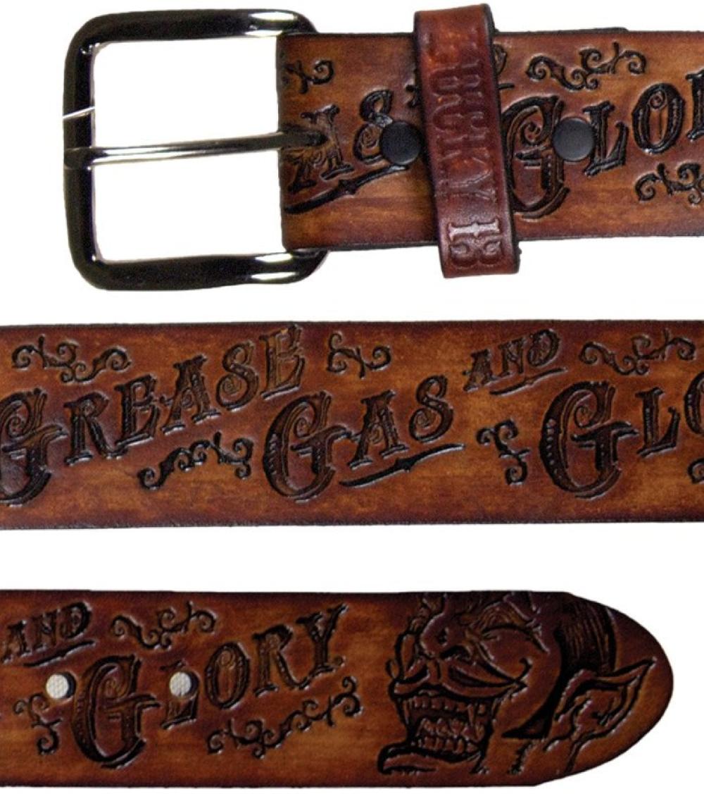 Lucky 13 Lucky 13 Grease Gas And Glory Embossed Leather Belt Painted Brown – Lucky13apparel