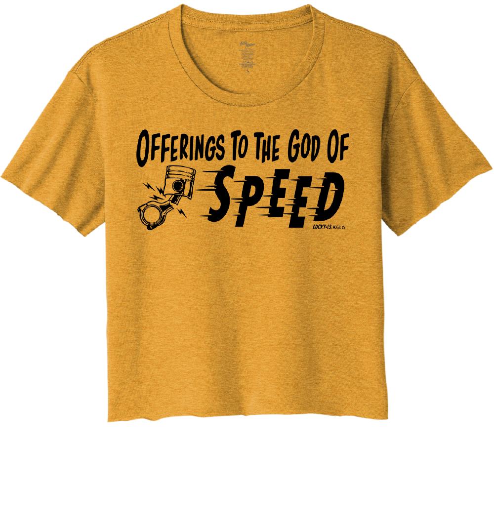 lucky 13 OFFERINGS TO THE GOD OF SPEED crop top GOLD – Lucky13apparel