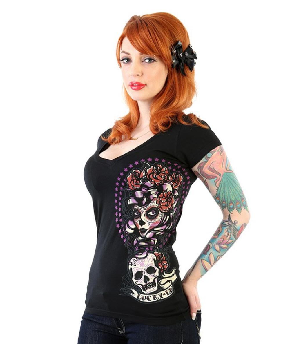 Lucky 13 Shadow Lady Womens Deep V Neck Tee By Lucky 13 Black – Lucky13apparel