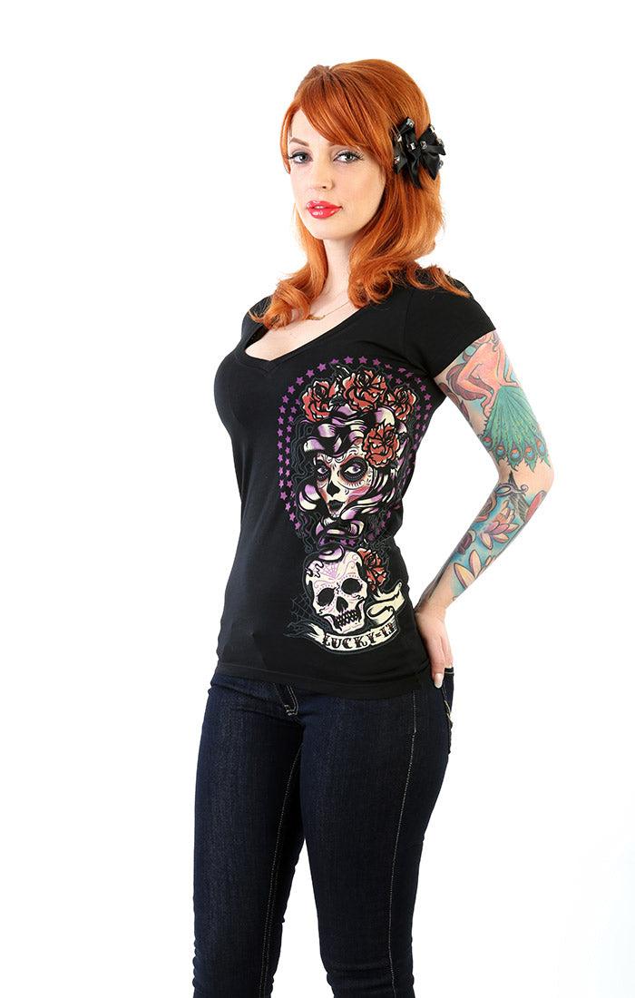 Lucky 13 Shadow Lady Womens Deep V Neck Tee By Lucky 13 Black – Lucky13apparel