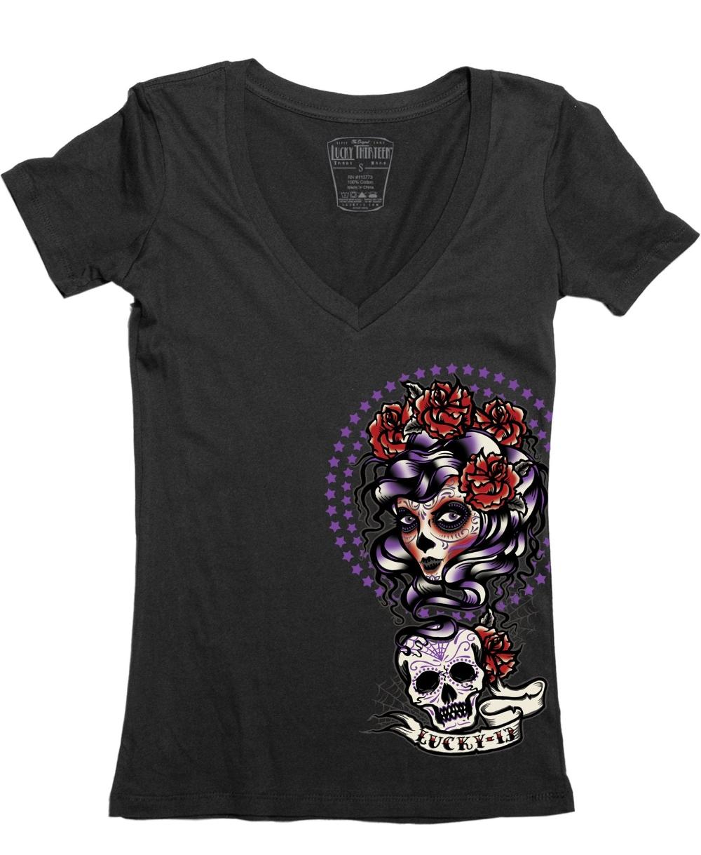 lucky 13 Shadow Lady Womens Deep V Neck Tee by Lucky 13 Black – Lucky13apparel