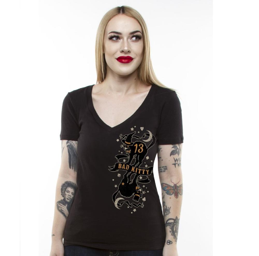 Lucky 13 The BAD KITTY Womens Deep V Neck Tee By Lucky 13 Black – Lucky13apparel