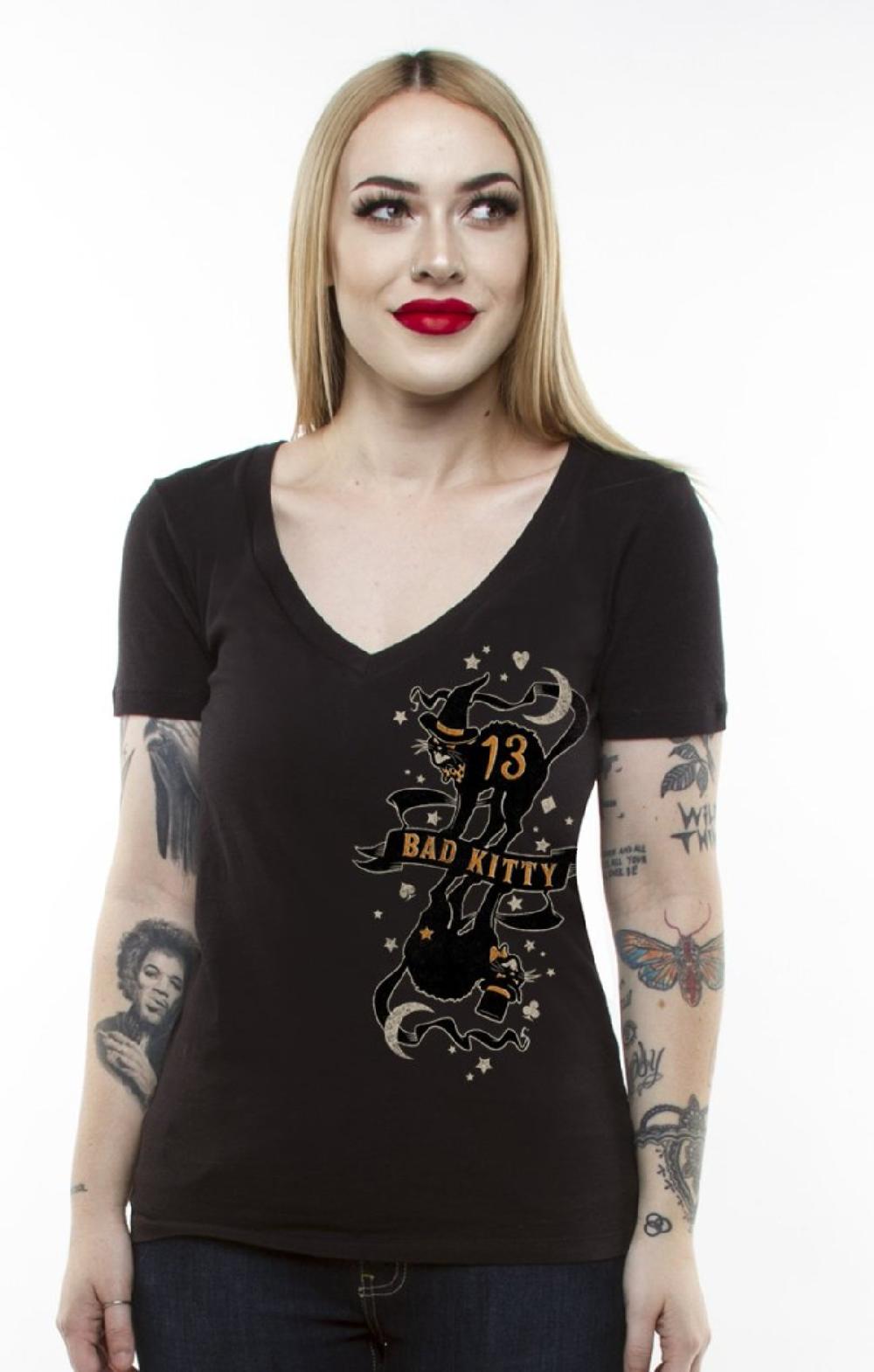 Lucky 13 The BAD KITTY Womens Deep V Neck Tee By Lucky 13 Black – Lucky13apparel