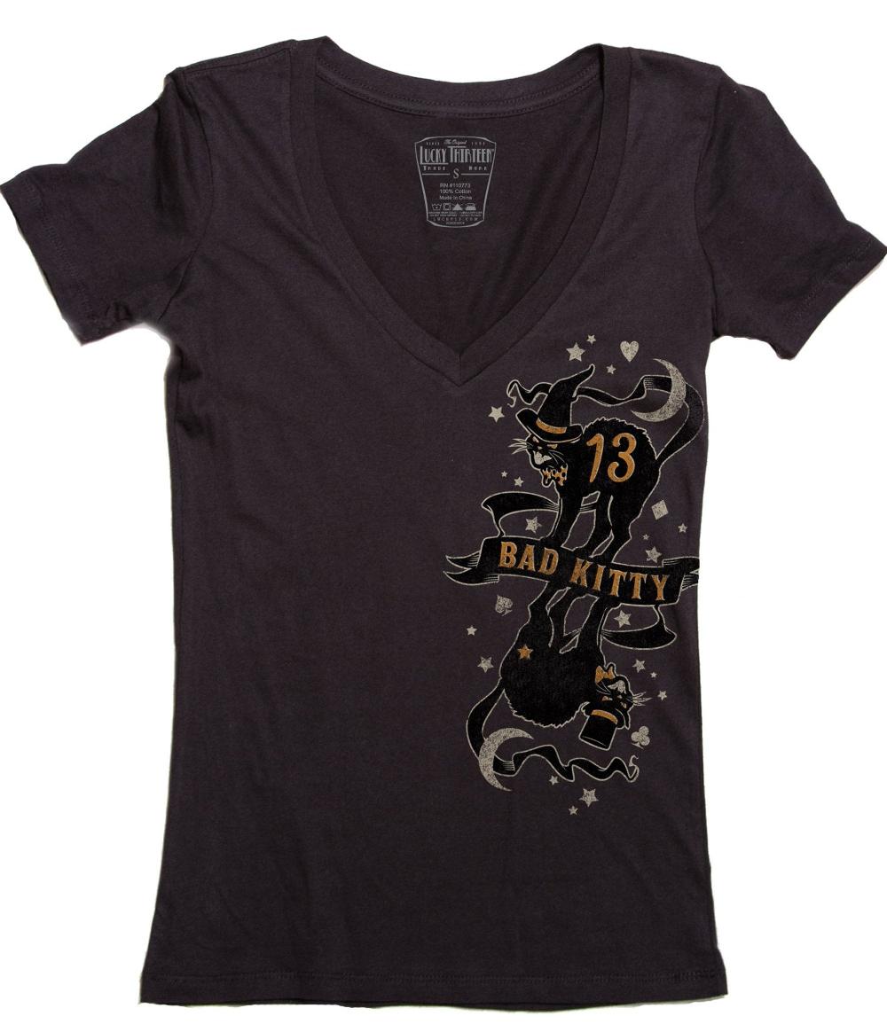 lucky 13 The BAD KITTY Womens Deep V Neck Tee by Lucky 13 Black – Lucky13apparel