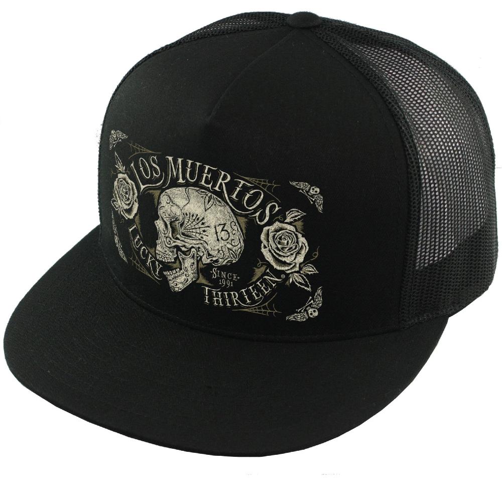 lucky 13 The DEAD SKULL poplin/mesh snapback trucker cap with transfer by Lucky 13 black/black – Lucky13apparel