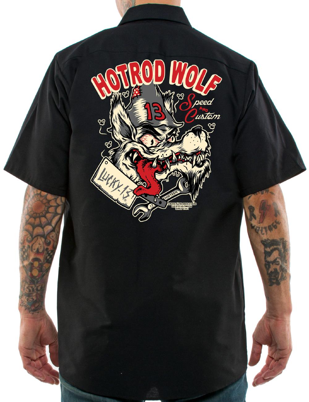 Lucky 13 The HOT ROD WOLF Men’s Short Sleeve Work Shirt By Lucky 13 Black – Lucky13apparel
